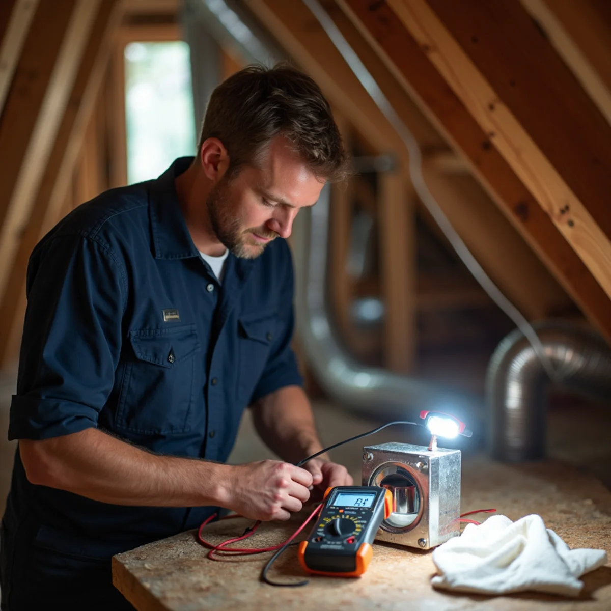 Technician testing a zone damper actuator in the attic of an Oak Ridge, NC custom home