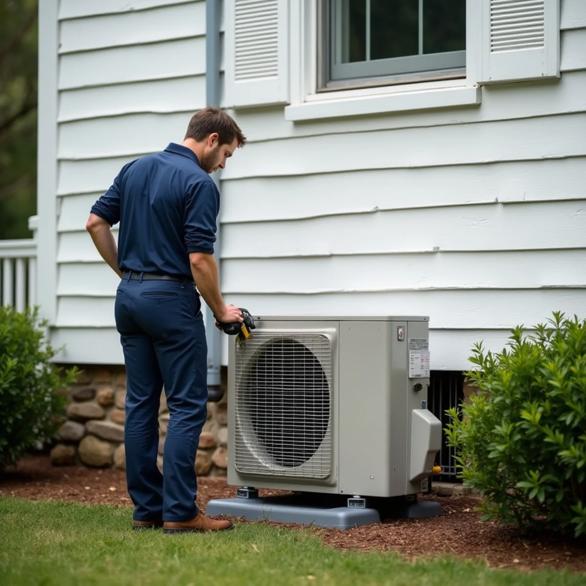 Ductless mini-split outdoor unit behind a historic wood-frame home in Orange County, NC