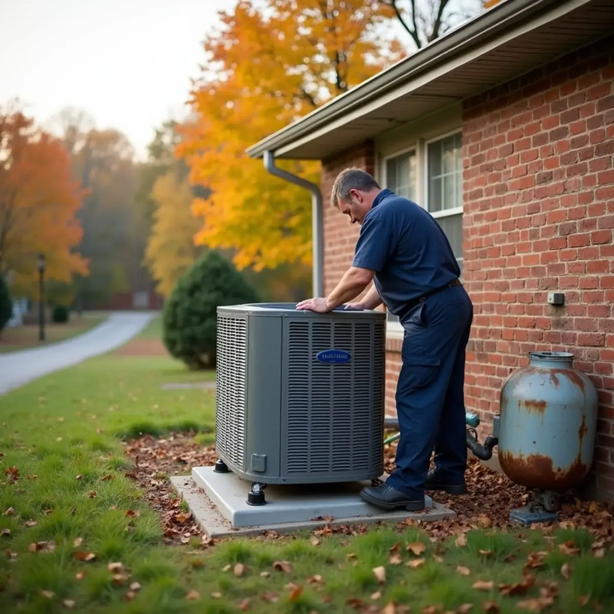 New heat pump installed beside a rural brick ranch home in Ossipee, NC
