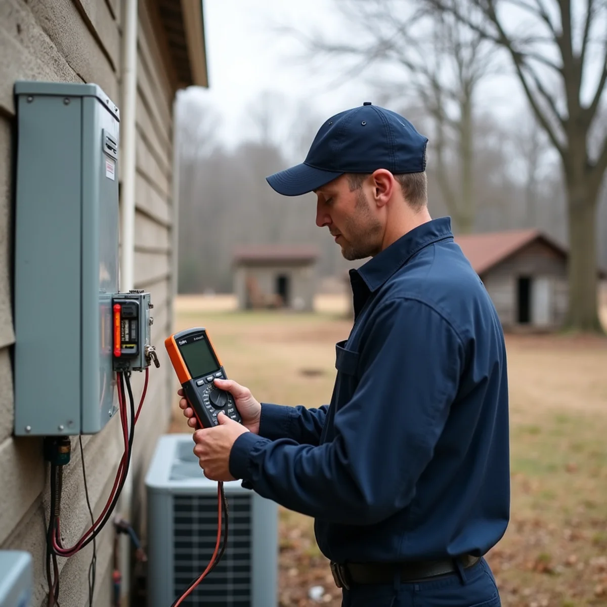 Technician checking the electrical disconnect for a heat pump and well pump at a rural Person County, NC home