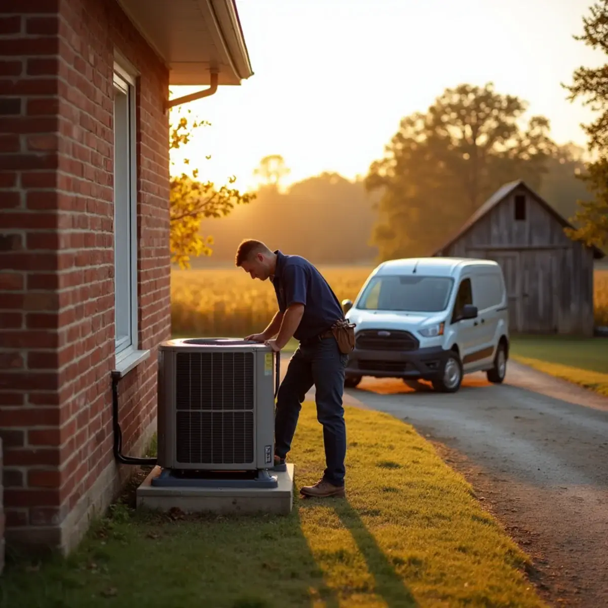 Technician servicing a heat pump beside a rural brick ranch in Person County, NC