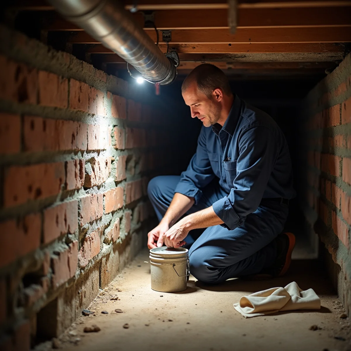 Technician inspecting sweating ducts under a cottage near downtown Pittsboro, NC