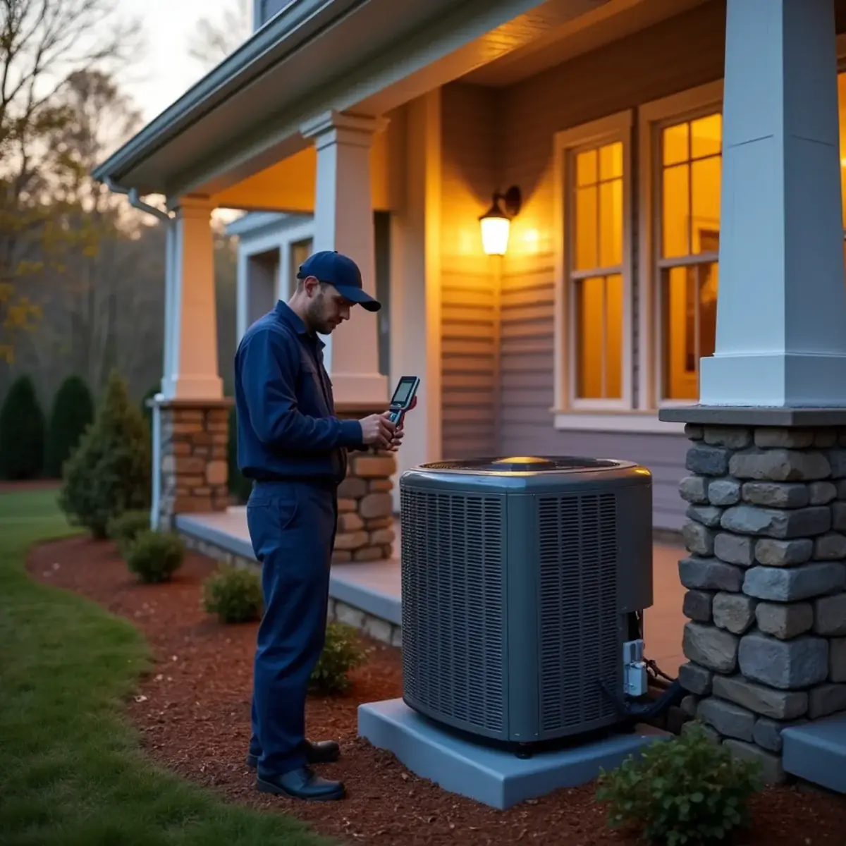 HVAC technician servicing a heat pump outside a newer craftsman-style home in Pittsboro, NC