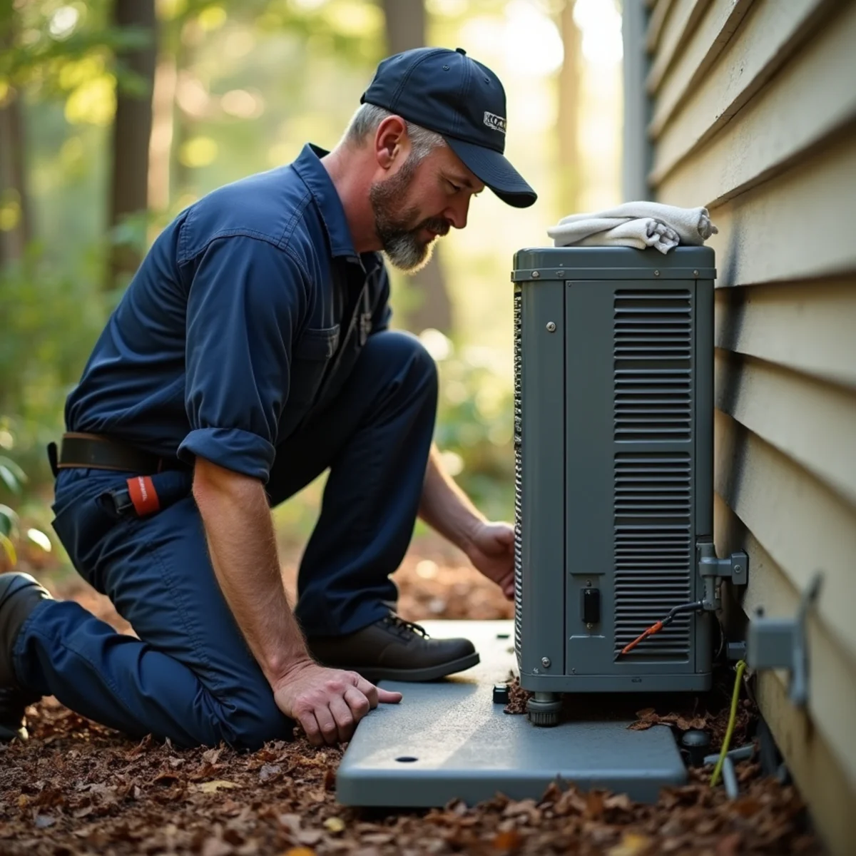 Technician resetting a tilted AC condenser on a raised pad near the Deep River in Ramseur, NC