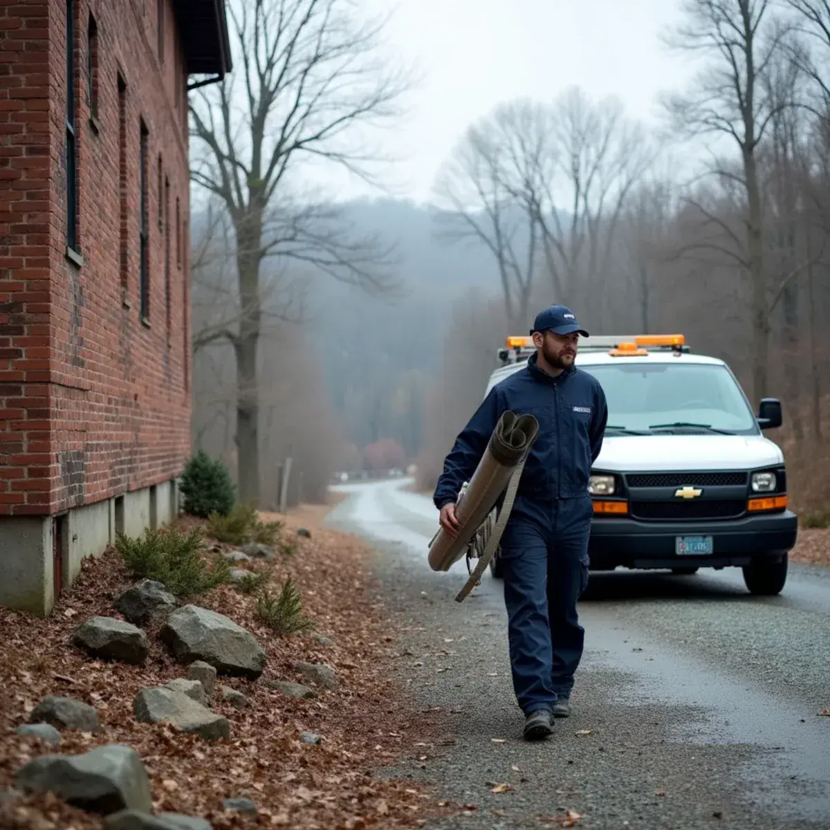 Technician carrying insulated ductwork toward the crawlspace of an older mill house in Ramseur, NC
