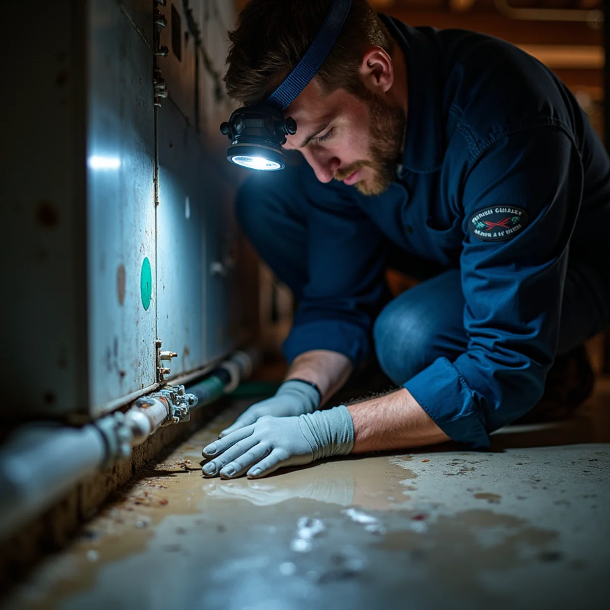 Technician clearing a clogged condensate line in a damp crawlspace in Randleman, NC