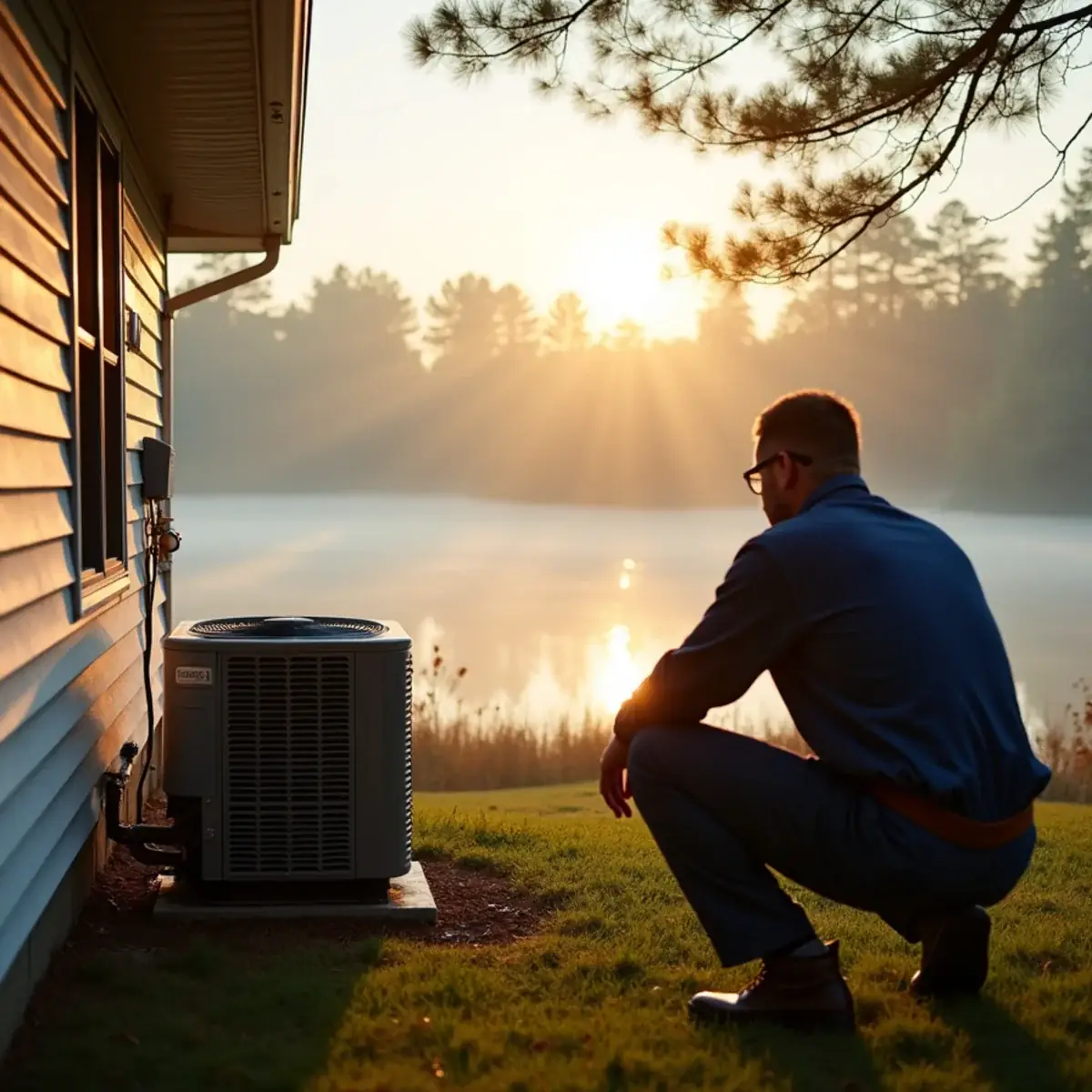 Technician checking refrigerant pressures on a heat pump outside a home near Randleman Lake in Randleman, NC