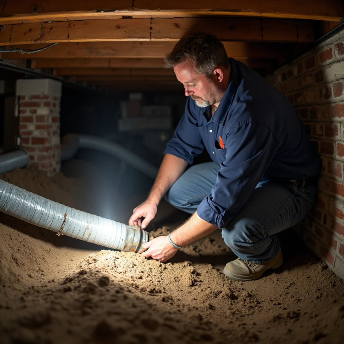 Technician fitting new ductwork under a Deep River mill house in Randolph County, NC