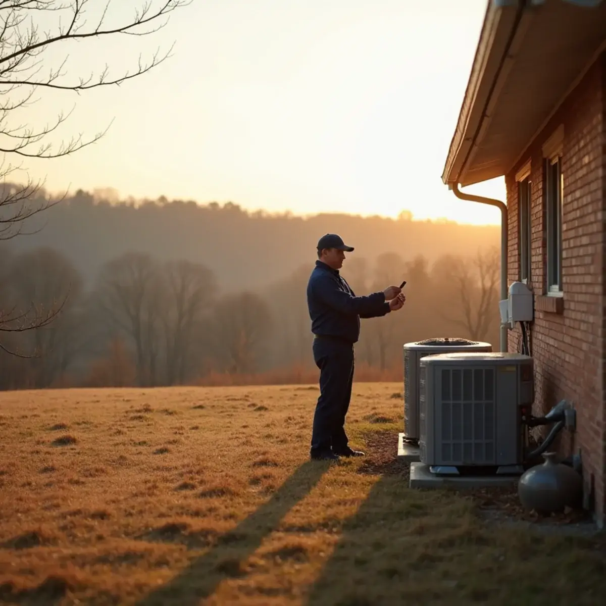 Heat pump and propane tank beside a rural brick home with wooded hills in Randolph County, NC