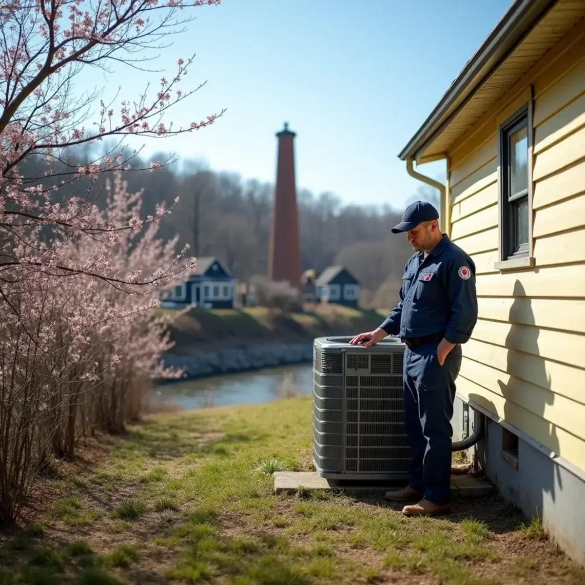 Small frame mill house with a new heat pump in Rockingham County, NC