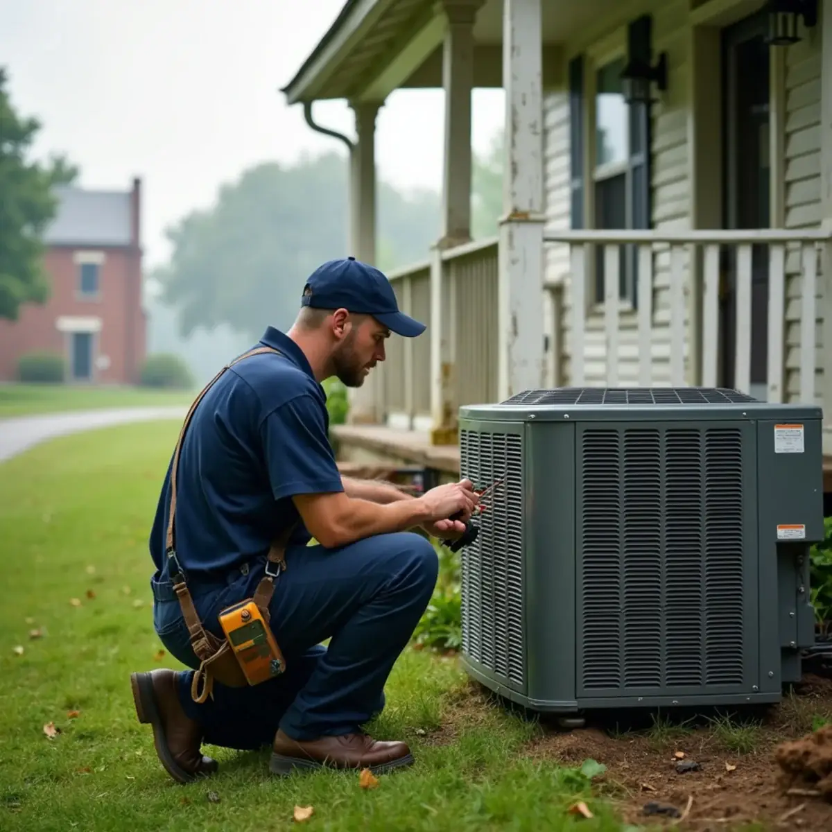 HVAC technician checking a heat pump beside an older frame house in Roxboro, NC