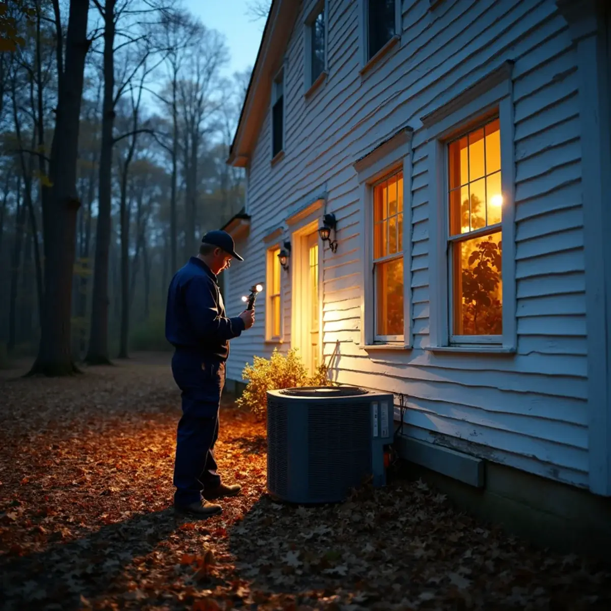 HVAC technician servicing a heat pump beside a wooded farmhouse near Saxapahaw, NC