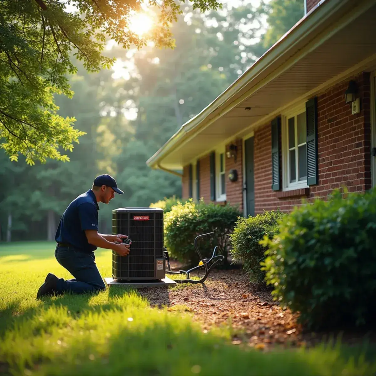 HVAC technician kneeling beside a heat pump next to a country ranch home in Sedalia, NC