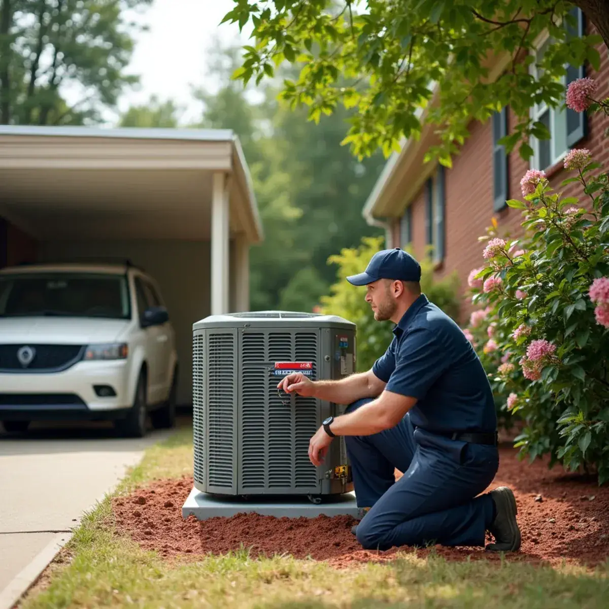 HVAC technician replacing a capacitor on an AC unit beside a brick ranch home in Siler City, NC