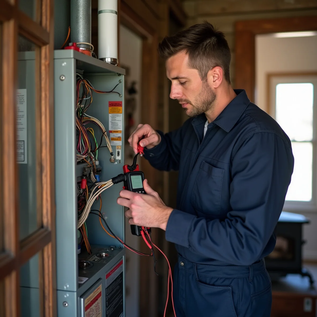 Technician testing backup heat strips in an air handler at a rural home in Staley, NC
