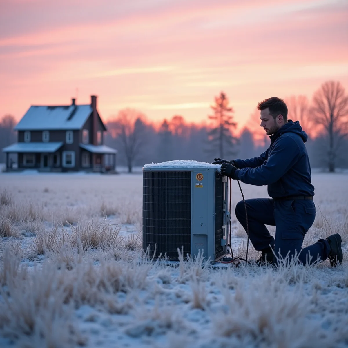 Technician checking an iced-over heat pump outside a rural farmhouse near Staley, NC