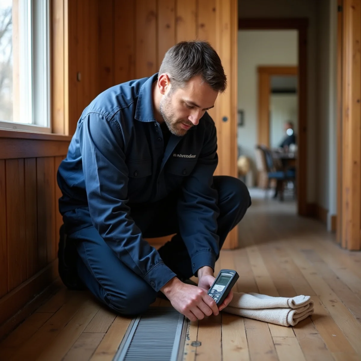 Technician measuring airflow at a floor register in a cold farmhouse addition in Stokesdale, NC
