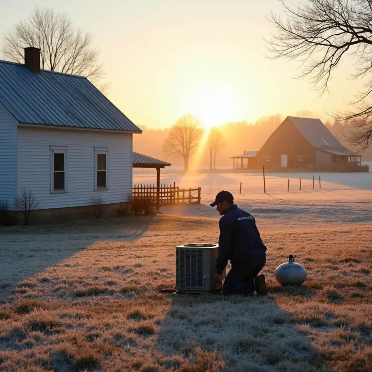 Technician servicing a heat pump outside a rural farmhouse with a propane tank in Stokesdale, NC