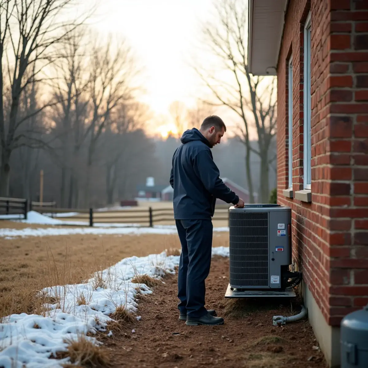 Technician servicing a heat pump beside a propane tank behind a brick custom home in Summerfield, NC