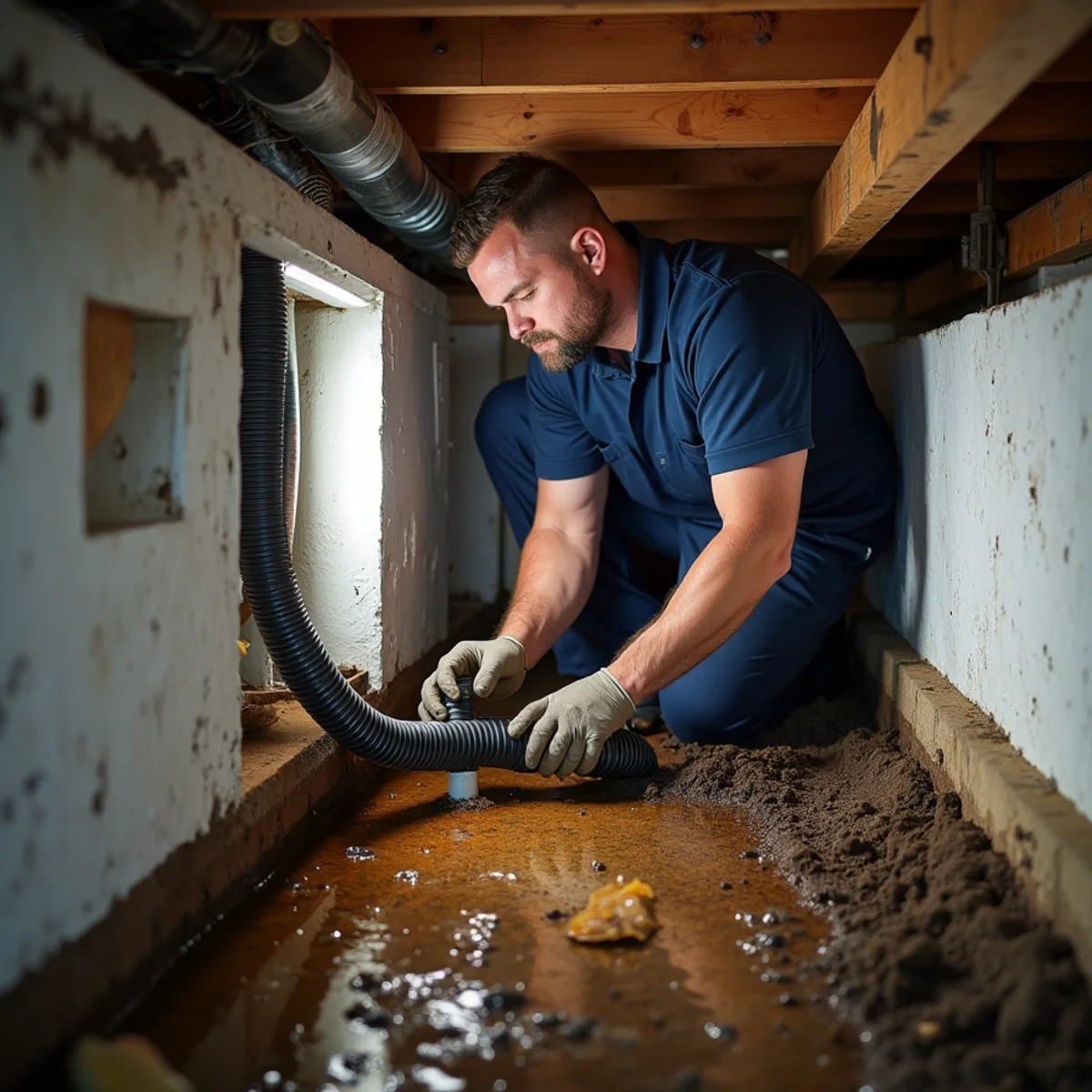 Technician clearing a clogged condensate line at a rusted air handler pan in Swepsonville, NC