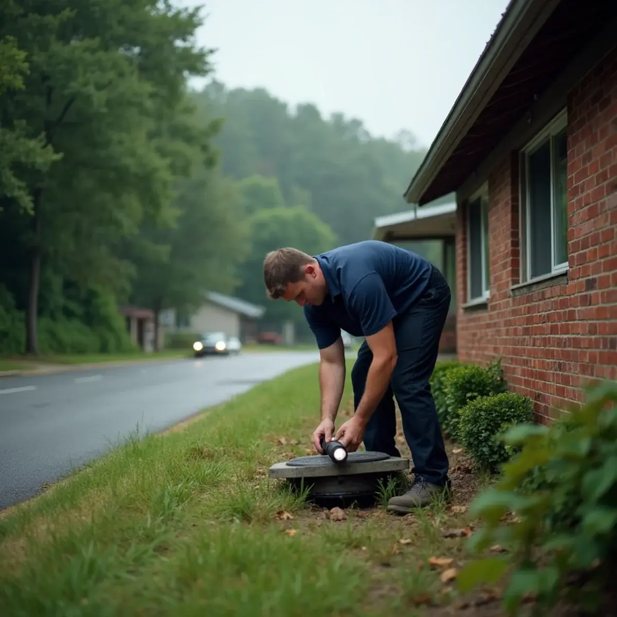 HVAC technician at a single-story home near the Haw River in Swepsonville, NC