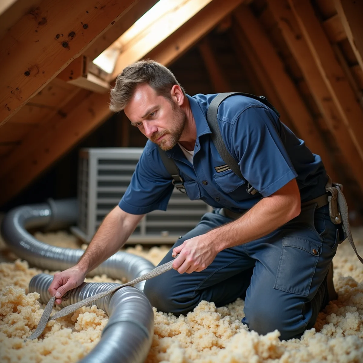 Technician re-strapping sagging flex duct in the attic of a Trinity, NC home