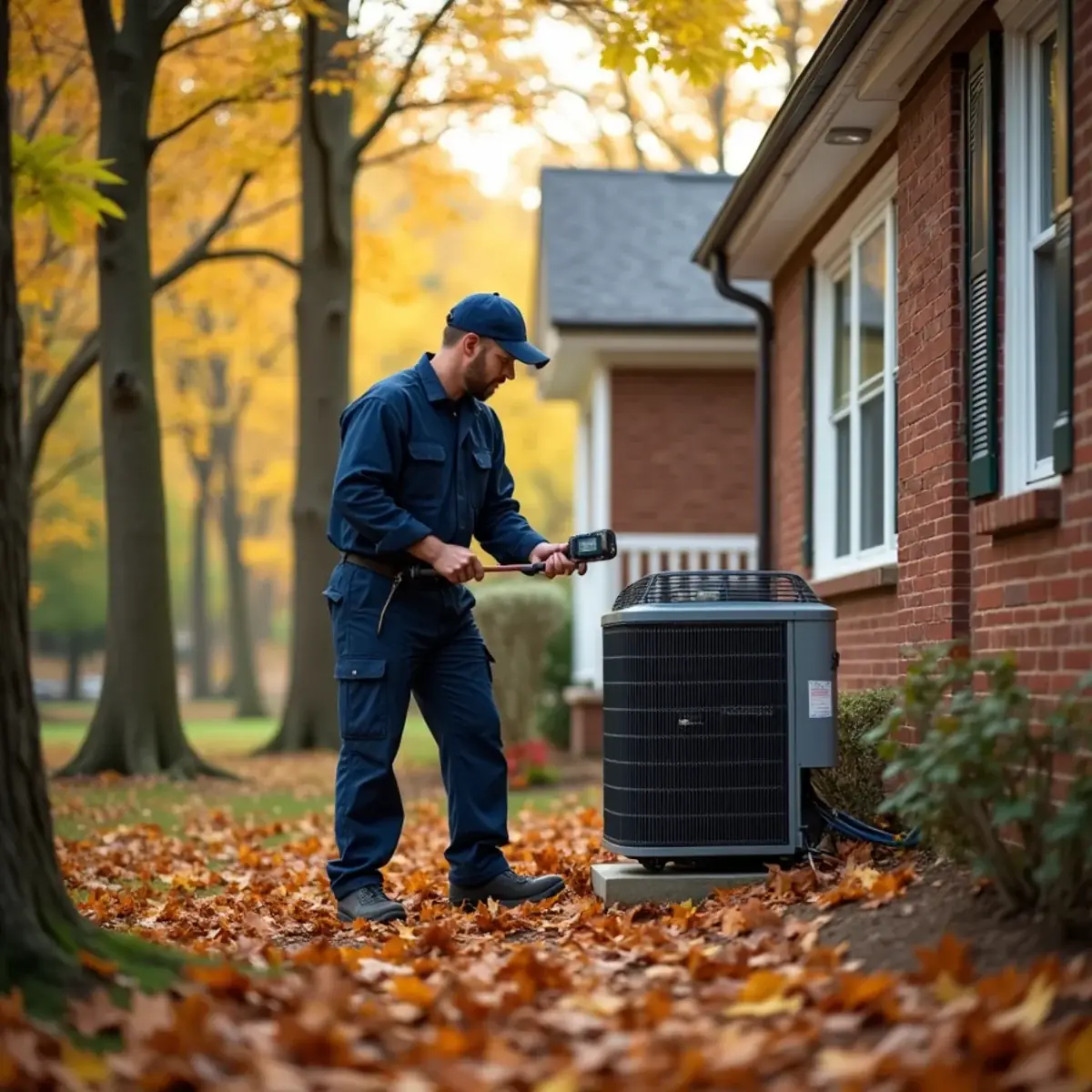 Technician checking an older heat pump for a refrigerant leak outside a home in Trinity, NC