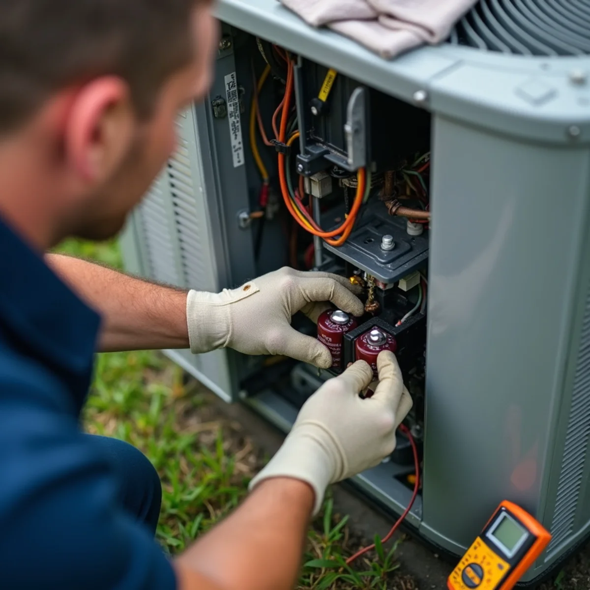Technician replacing a swollen run capacitor on a heat pump after a storm in Wentworth, NC