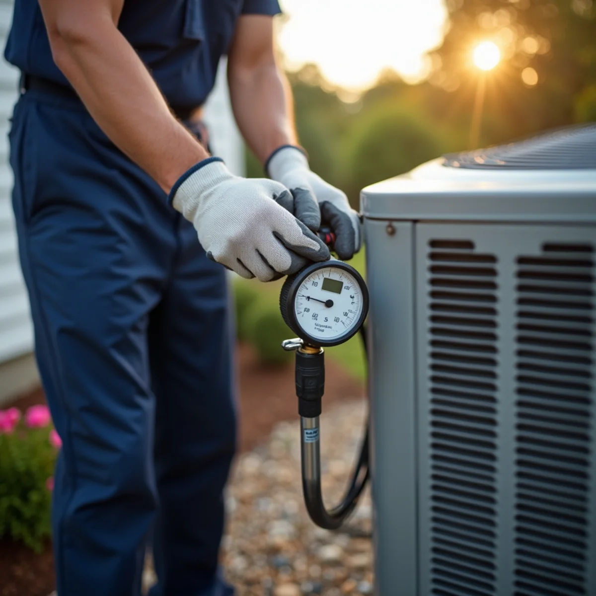 Technician measuring subcooling on a new heat pump line set at a Whitsett, NC home