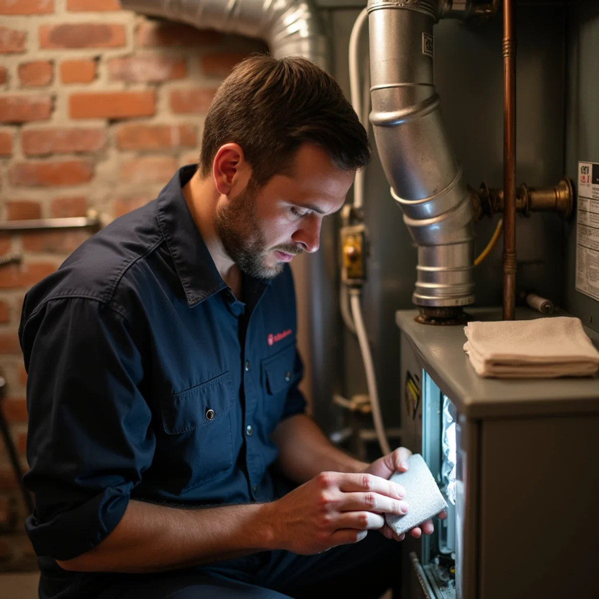 Technician cleaning the flame sensor on a basement gas furnace in a Winston-Salem, NC bungalow