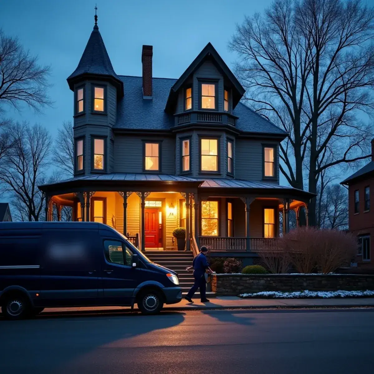Technician arriving to service a gas furnace at a historic West End home in Winston-Salem, NC