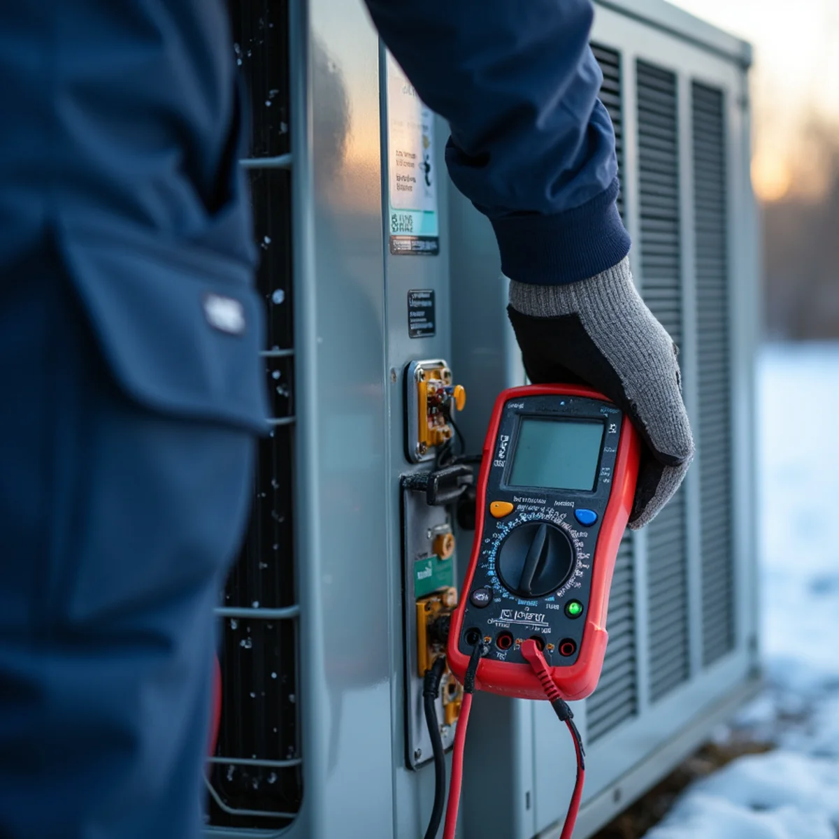 Technician checking a defrost board on an iced heat pump at a rural home in Woodlawn, NC