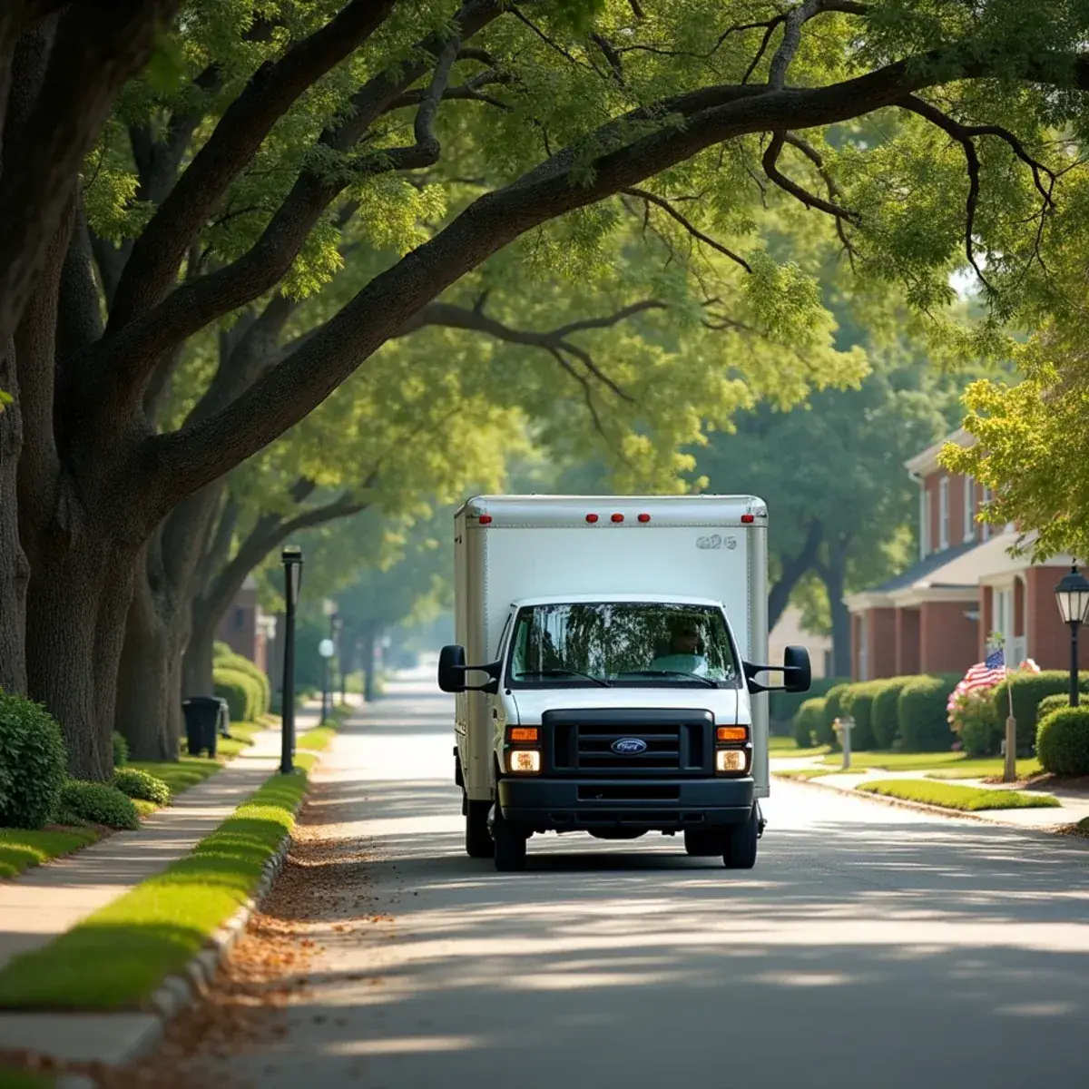 HVAC service van driving through a tree-lined Burlington, NC neighborhood