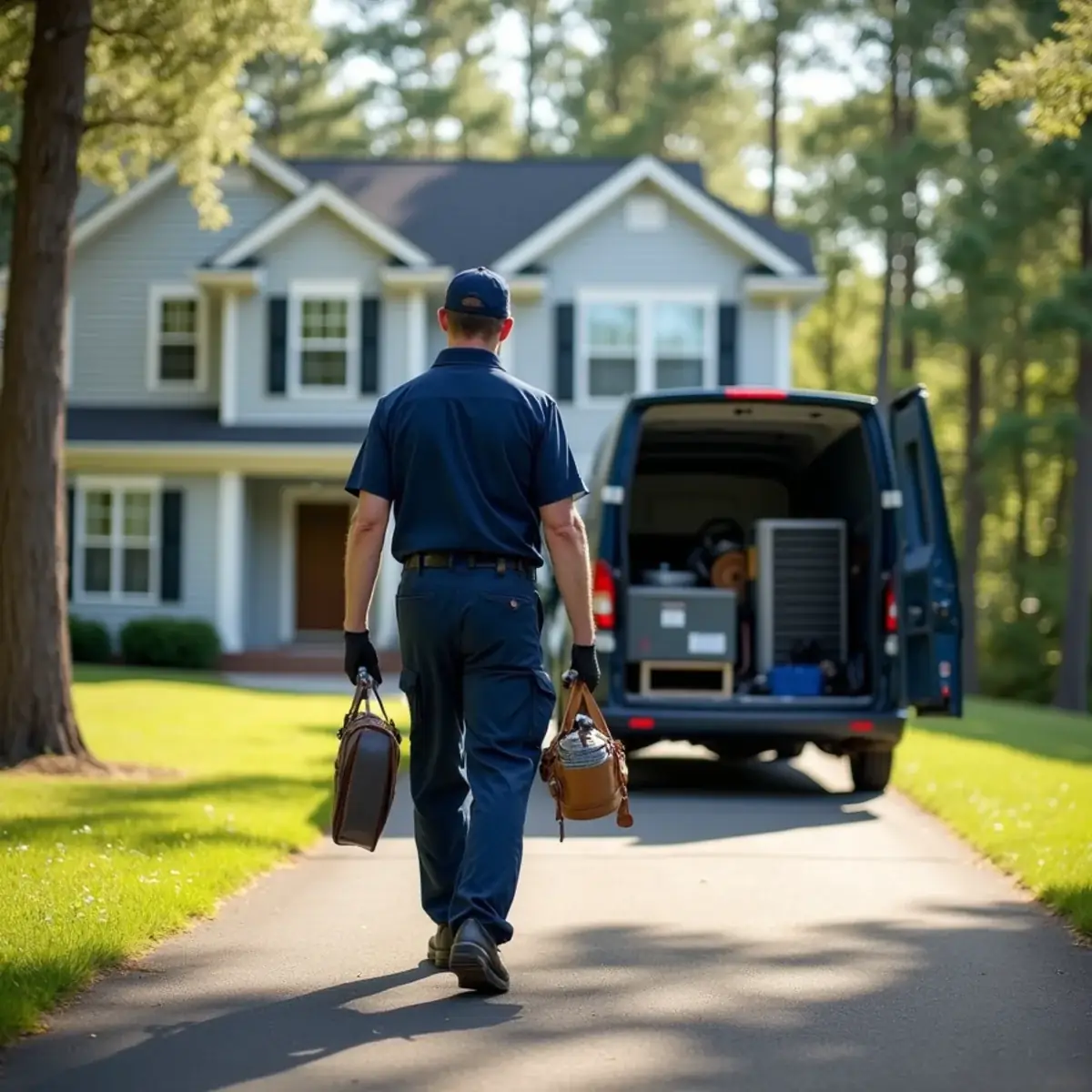HVAC technician with tools and equipment ready for heating and cooling services in Burlington, NC
