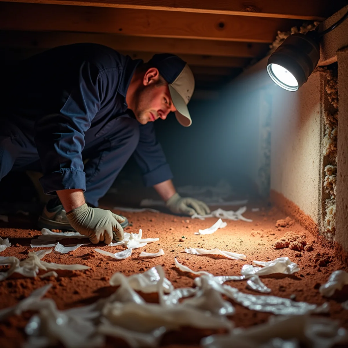 Torn plastic over bare red clay dirt in a crawlspace needing a vapor barrier in Burlington, NC