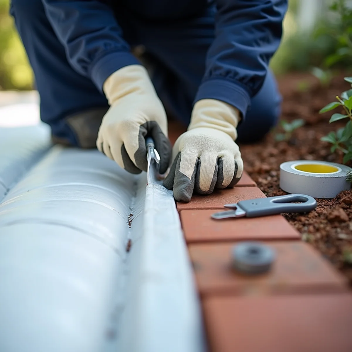 Technician sealing vapor barrier seams during crawlspace encapsulation in Burlington, NC